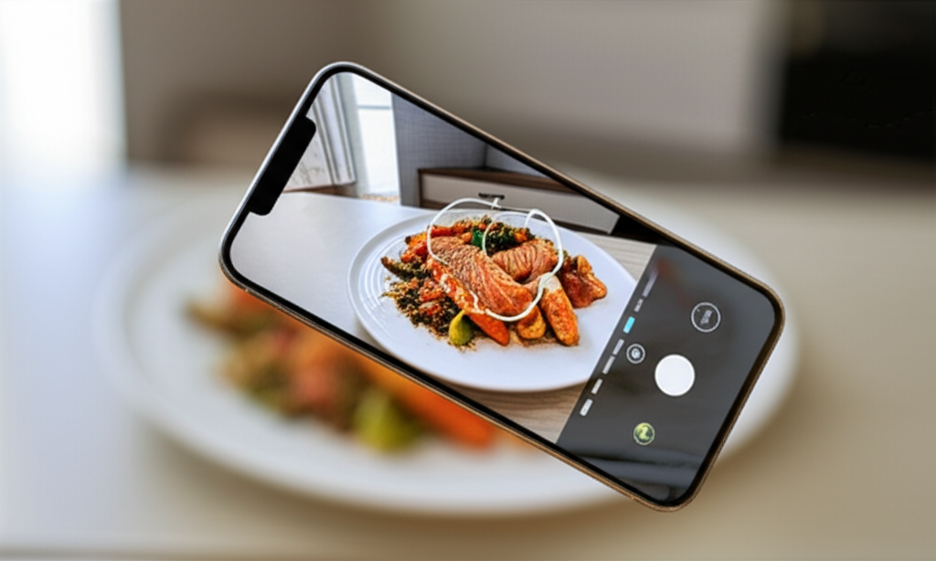 Smartphone using AI to analyze a colorful healthy meal on a plate