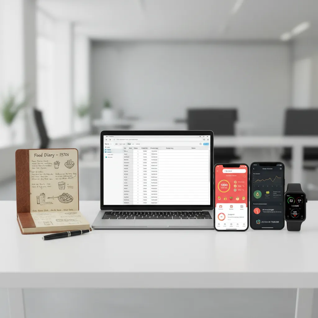 Infographic showing the evolution of nutrition tracking from handwritten food diaries to AI-powered photo analysis and wearable integration