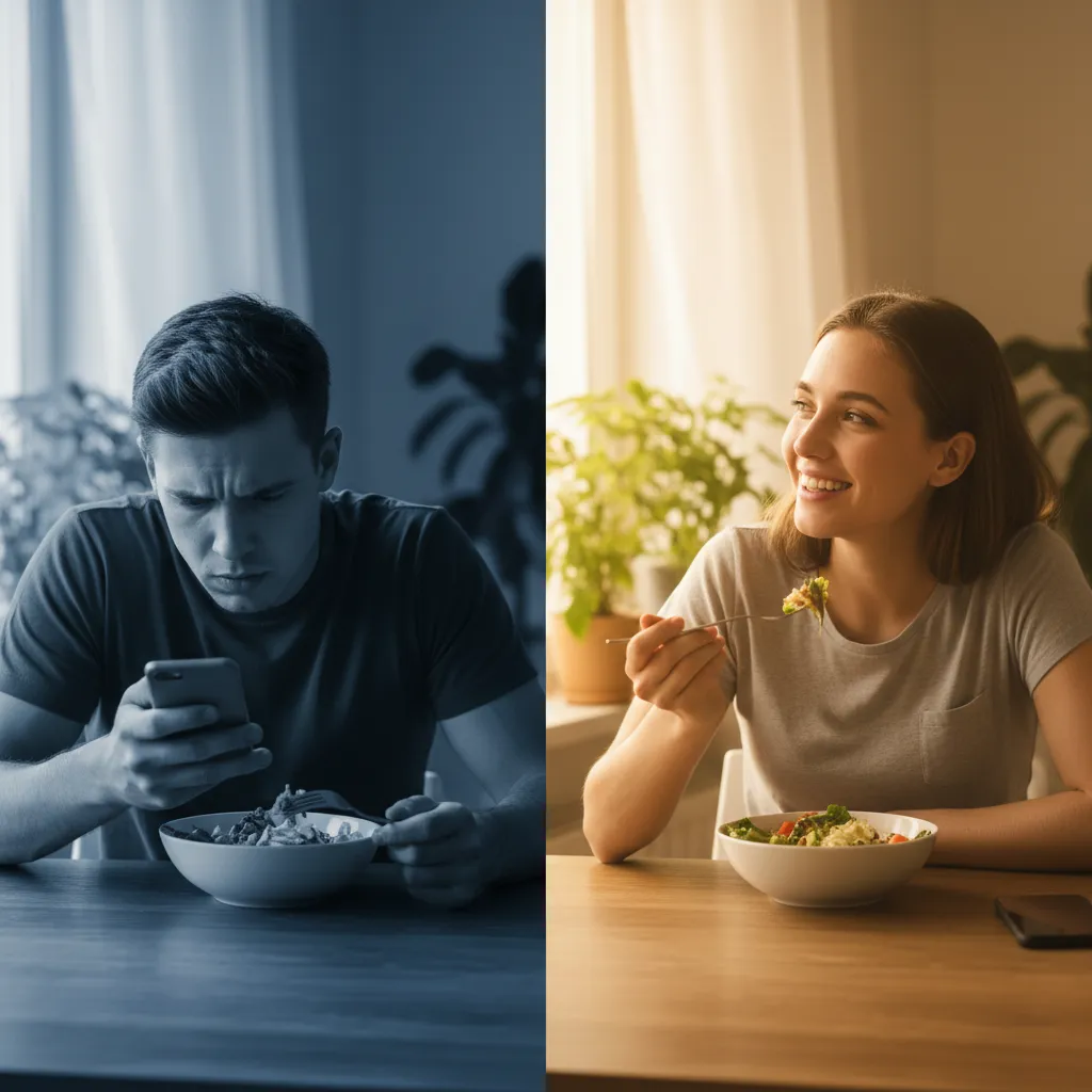 Contrast between stressed calorie counting and relaxed mindful eating