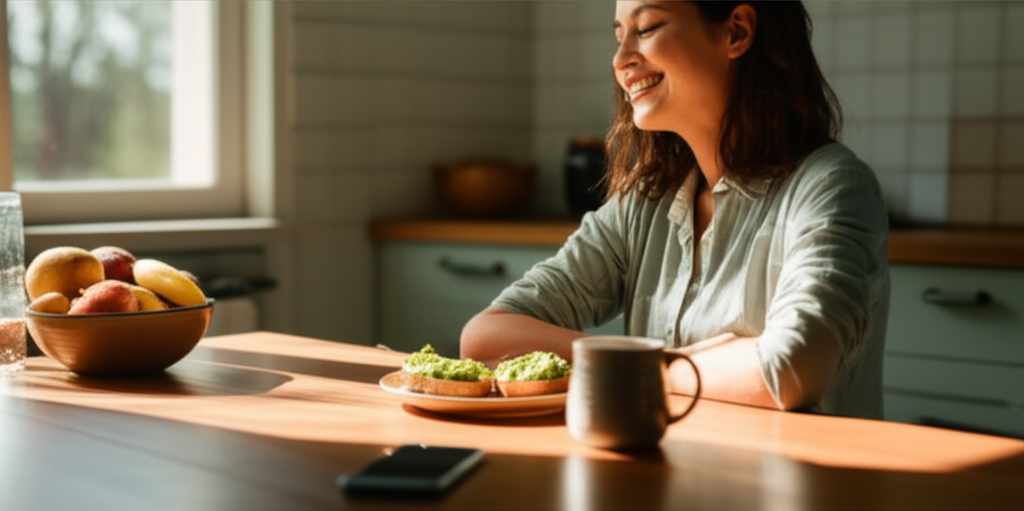 Person mindfully enjoying a healthy breakfast in natural morning light
