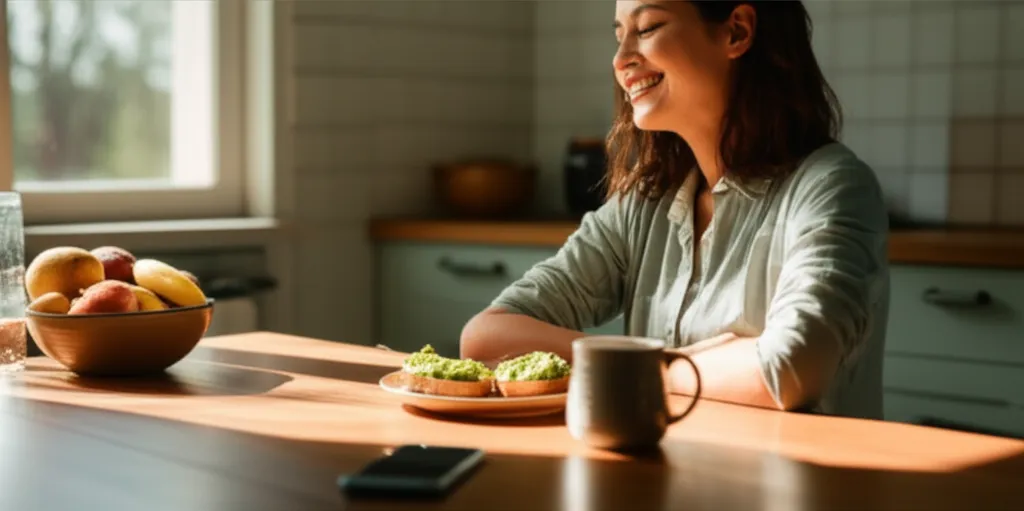 Person mindfully enjoying a healthy breakfast in natural morning light