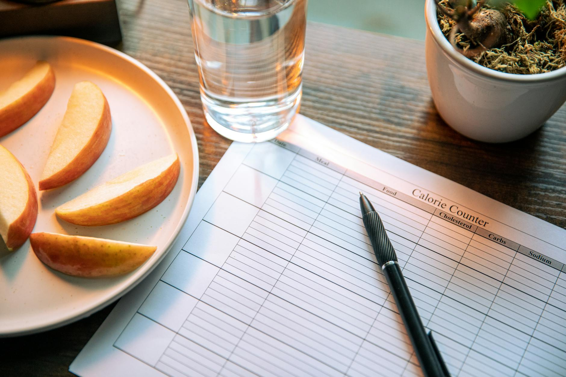 Calm kitchen scene with a notepad showing a hunger scale, a balanced lunch plate, and a glass of water for mindful eating practice