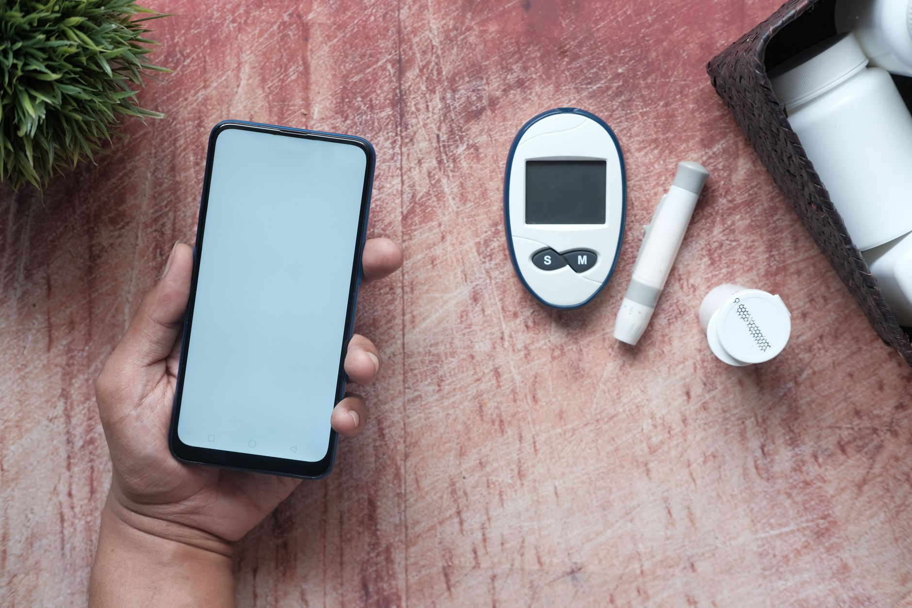 A continuous glucose monitor sensor on a person's upper arm beside a smartphone showing a glucose curve and a digital kitchen scale weighing chicken breast on a sunlit kitchen counter