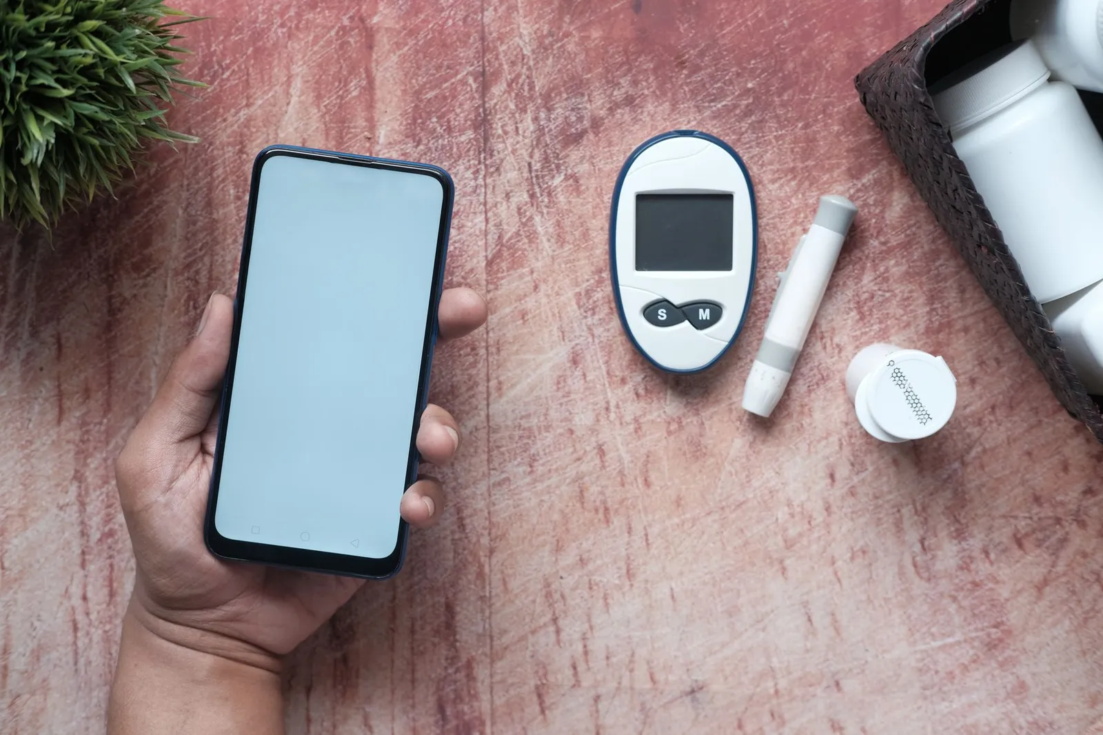 A continuous glucose monitor sensor on a person's upper arm beside a smartphone showing a glucose curve and a digital kitchen scale weighing chicken breast on a sunlit kitchen counter