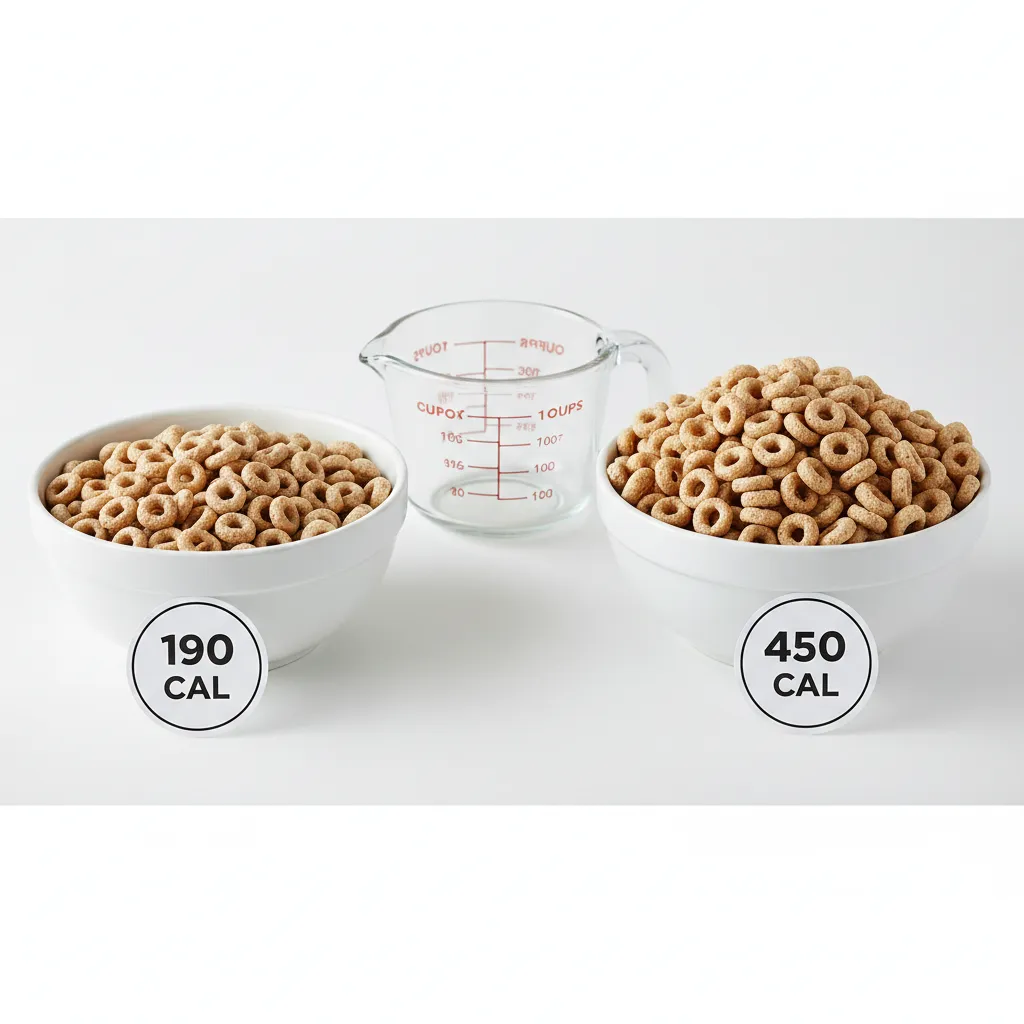 Side-by-side comparison of a proper cereal serving versus typical overflowing portion