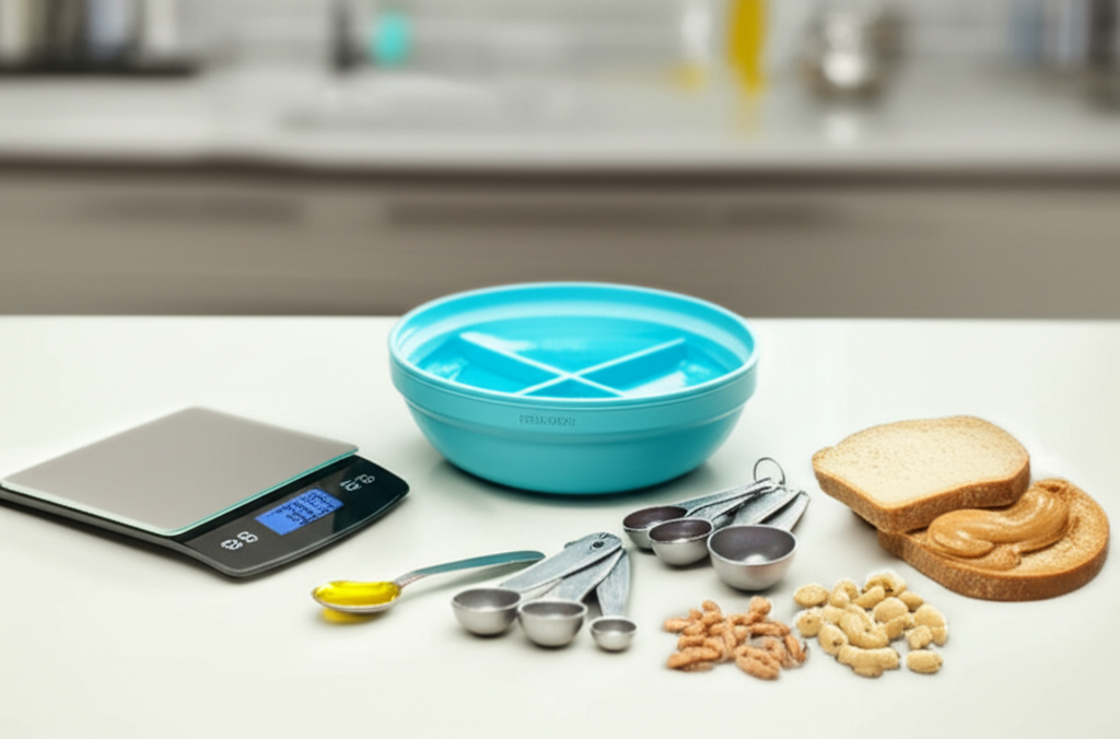 Kitchen measuring tools and commonly mismeasured foods on a counter