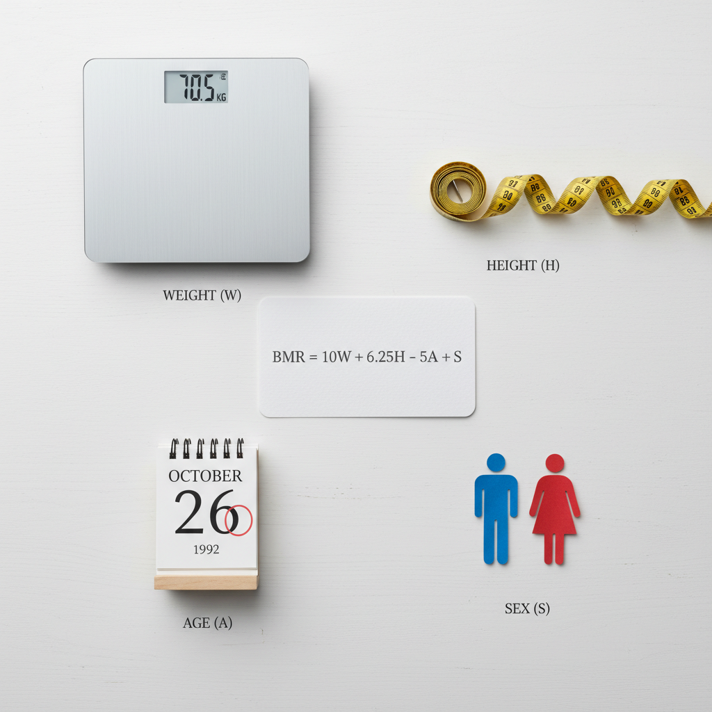 Mifflin-St Jeor equation components with visual representations of weight, height, age, and sex variables