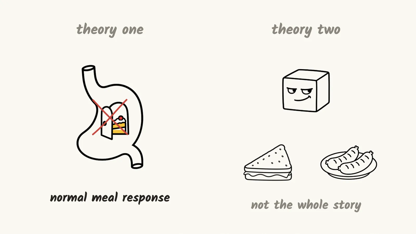 A drawing of two theories: a stomach with a secret cake door crossed out, because the stomach relaxing is a normal meal response, and a sugar cube beside a sandwich and sausages, because sugar is not the whole story