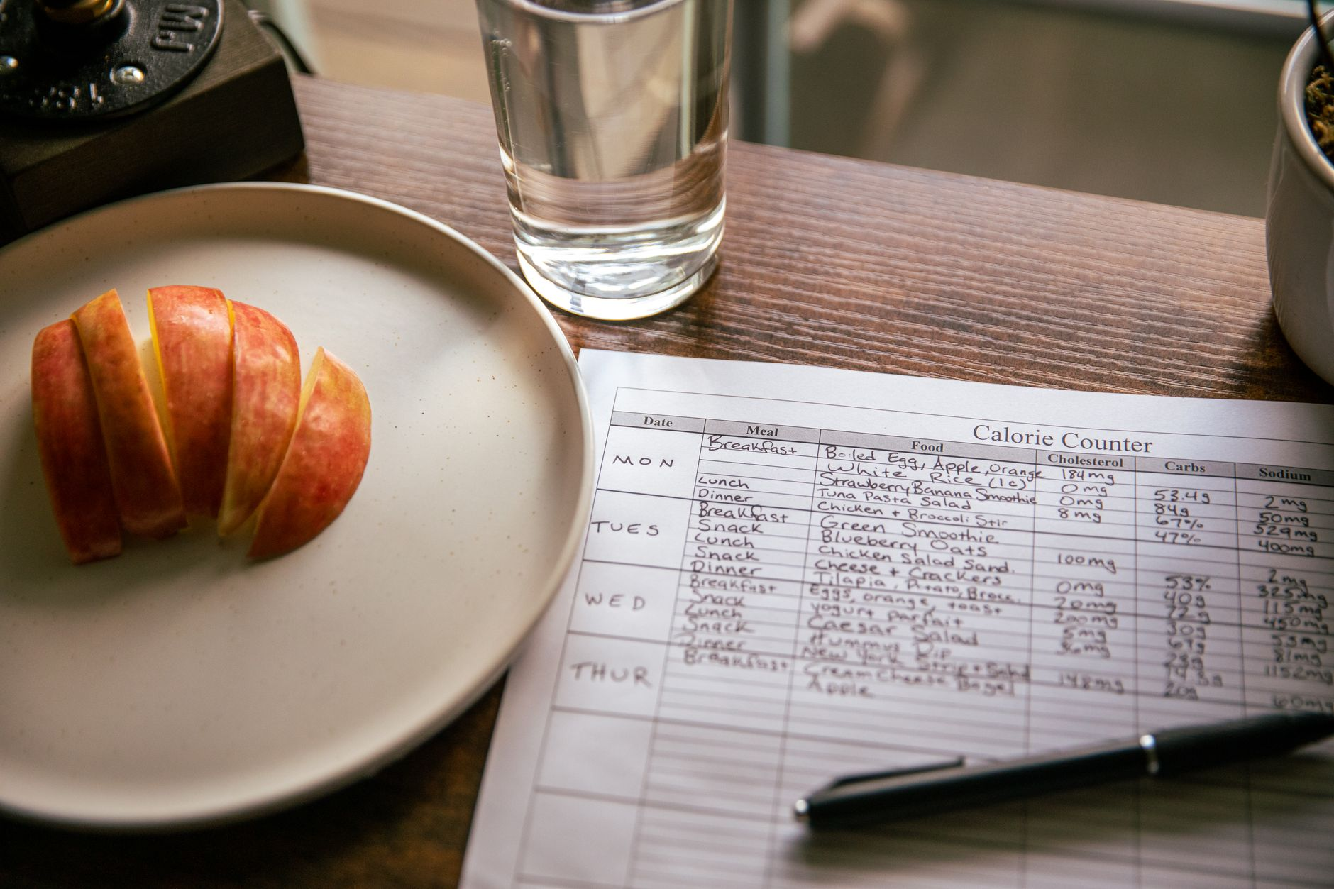 An open notebook showing a weight-loss trajectory with planned maintenance breaks marked, beside a kitchen scale, a calculator, and a glass of water on a sunlit kitchen counter