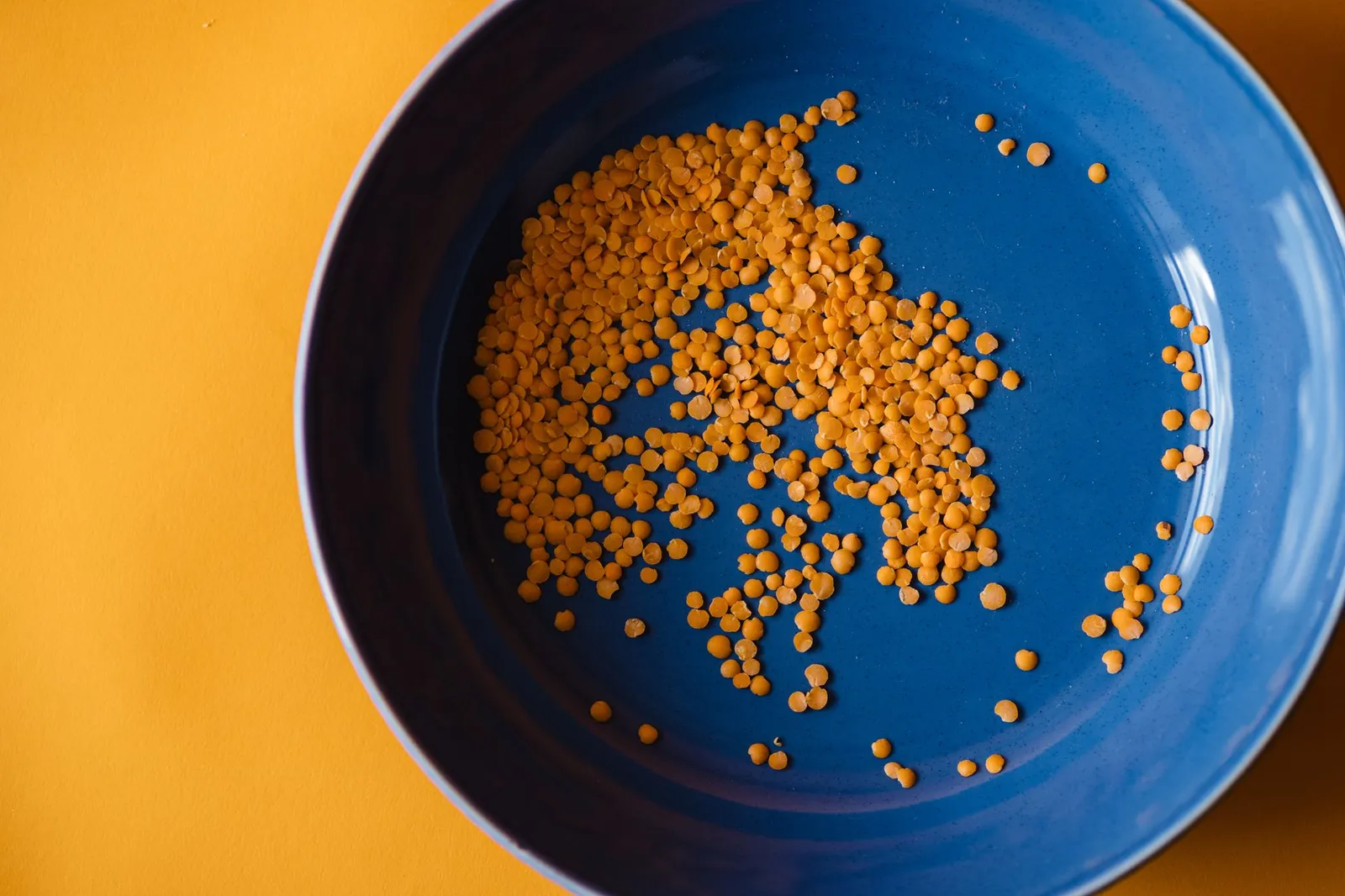 Dried lentils scattered on a blue plate