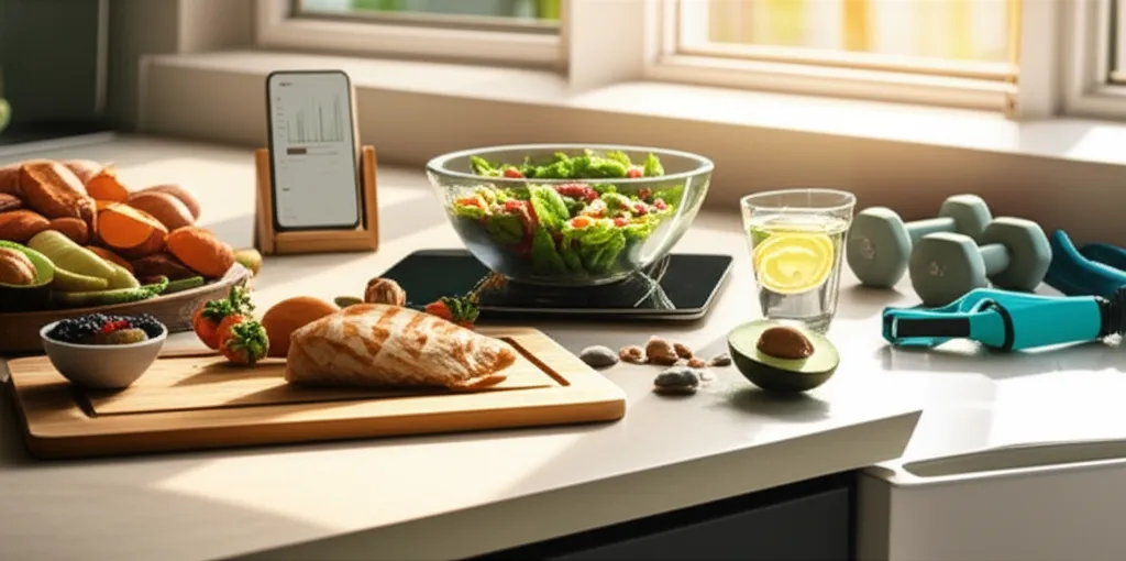 Fresh wholesome foods, fitness equipment, and a food scale arranged on a clean kitchen counter