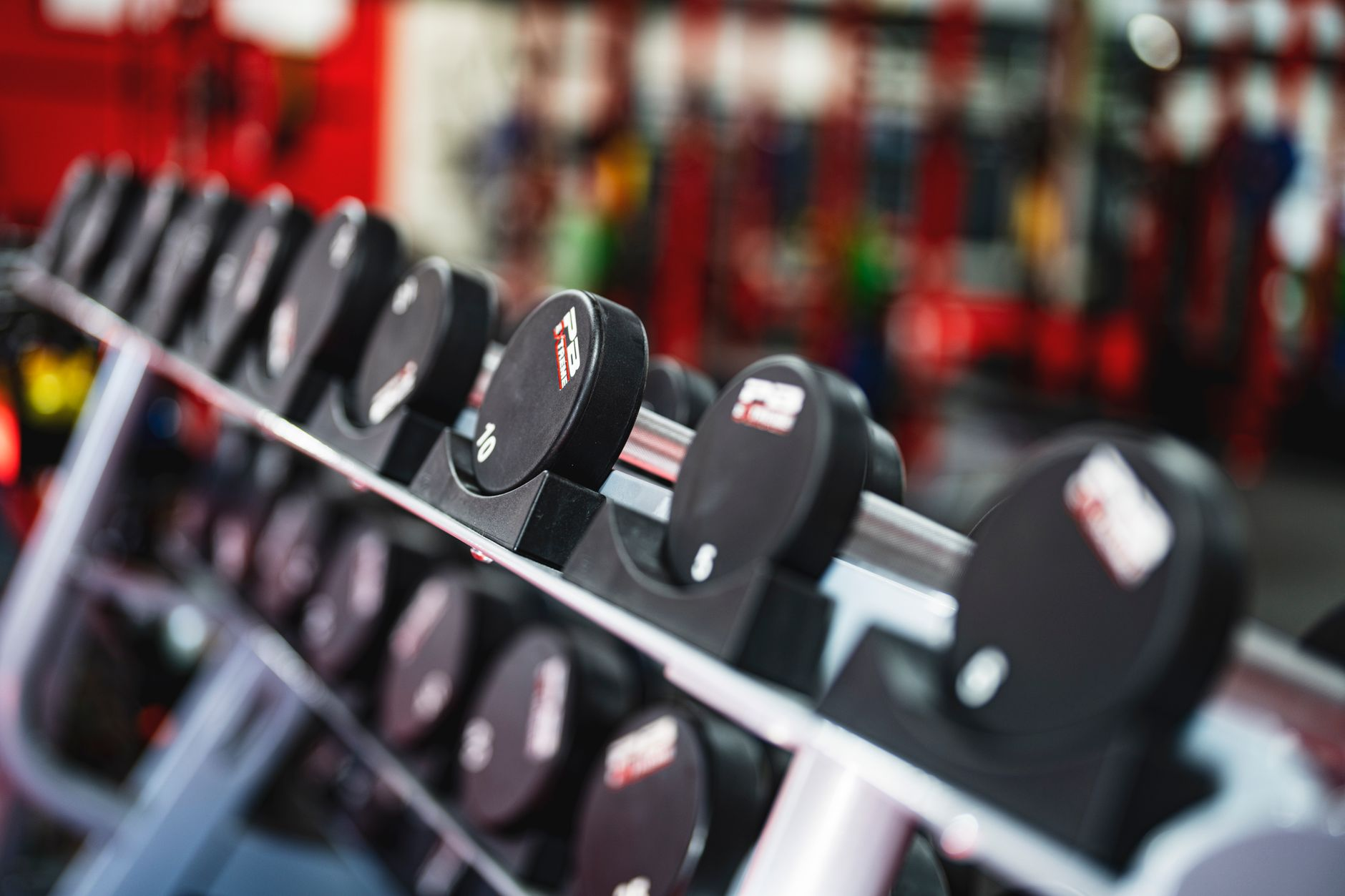 A resistance-training barbell rack beside a whiteboard with a weekly training plan, a protein shake, and a printed nutrition information panel on a sunlit gym floor