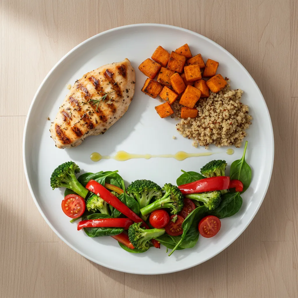 Perfectly balanced plate divided into protein, carbs, and vegetables with healthy fats