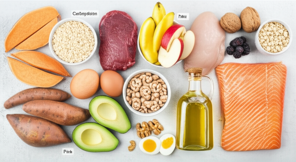 Colorful display of macronutrient food groups - carbs, proteins, and healthy fats