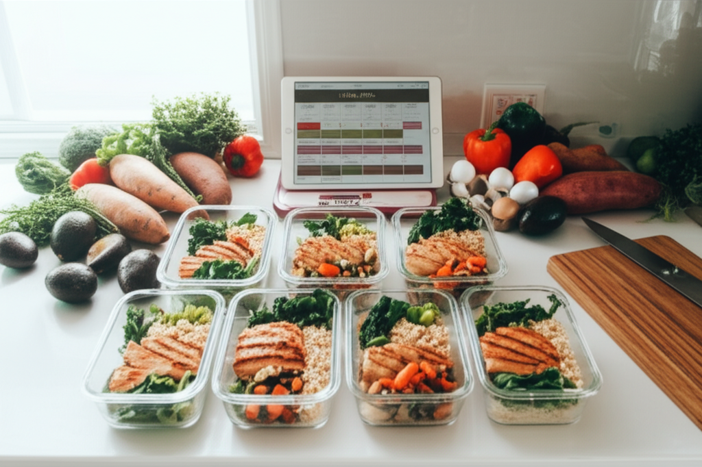 Organized weekly meal prep spread with colorful balanced meals in glass containers on a kitchen counter