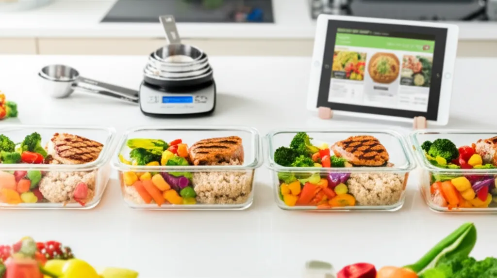 Organized meal prep containers with balanced portions and kitchen scale