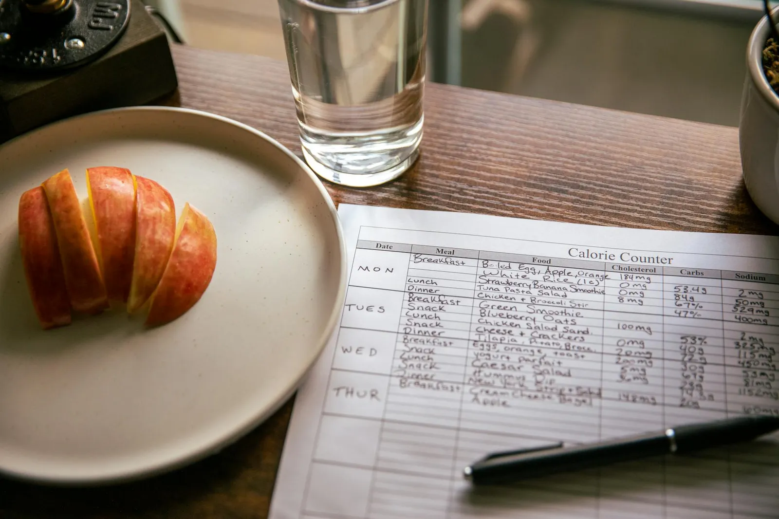 Person reviewing nutrition data and a meal plan at a kitchen table with a balanced meal and digital food scale nearby