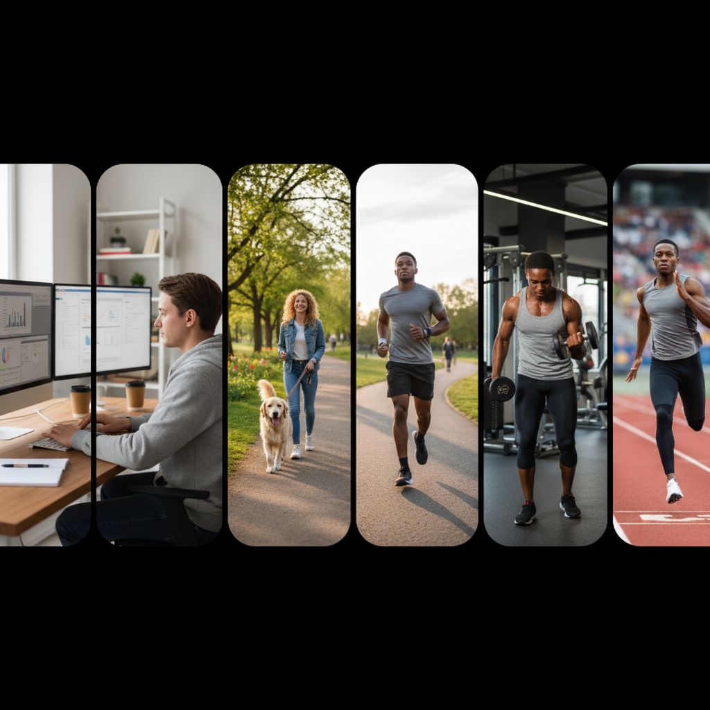 Five activity levels from sedentary to extremely active illustrated side by side