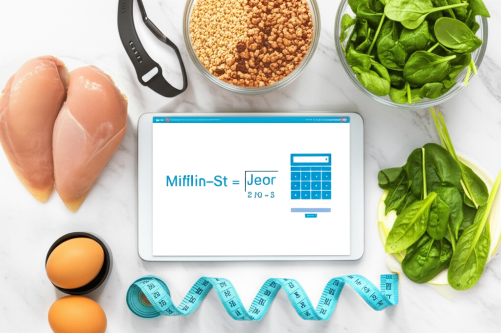 Scientific calorie calculator display with healthy foods arranged around it
