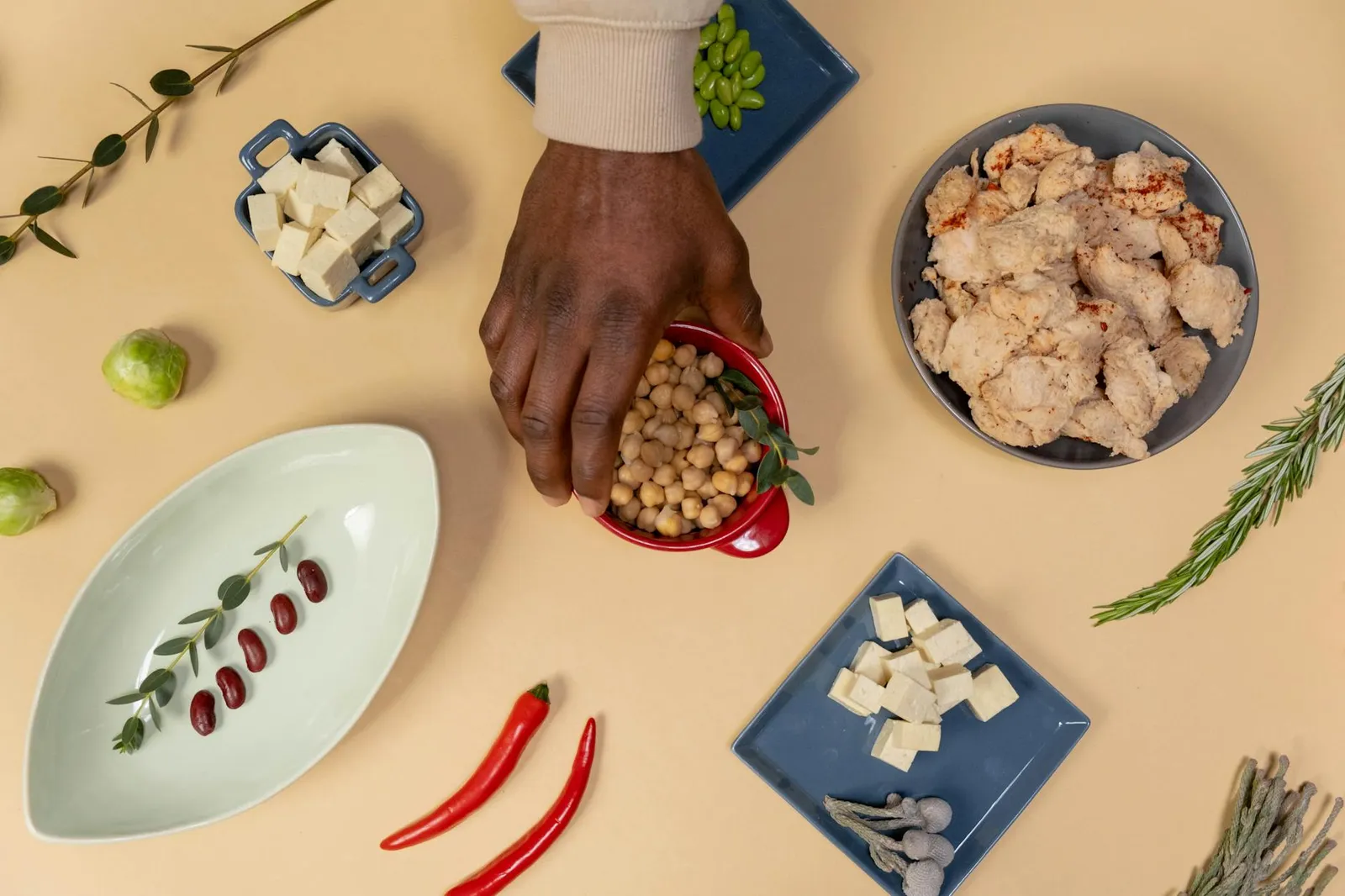 Colorful assortment of plant-based protein sources including lentils, chickpeas, tofu, quinoa, and edamame in bowls