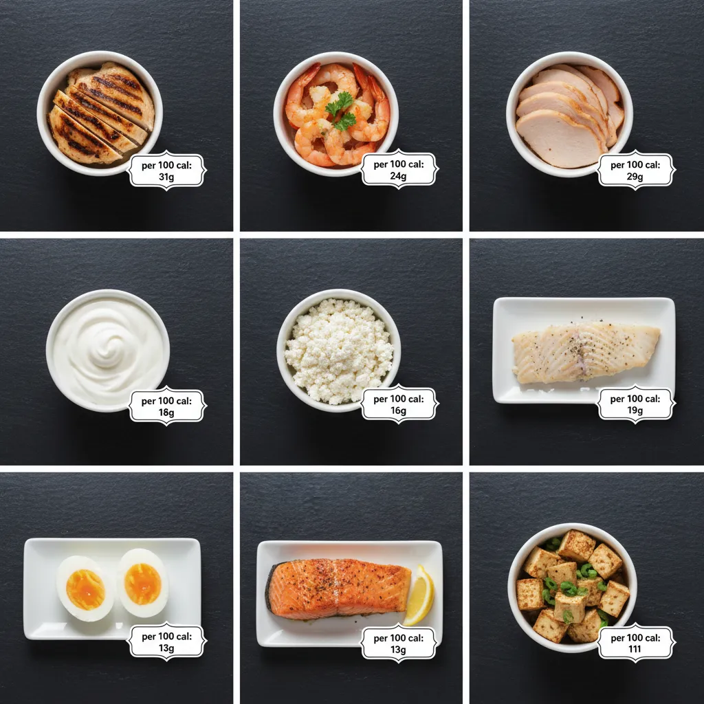 Grid of nine high-protein foods with protein per 100 calories labeled