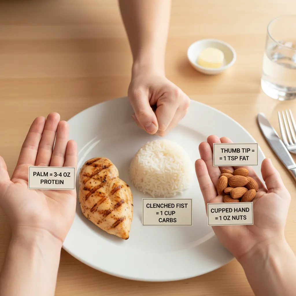 Hand portion guide showing palm, fist, thumb, and cupped hand as food references