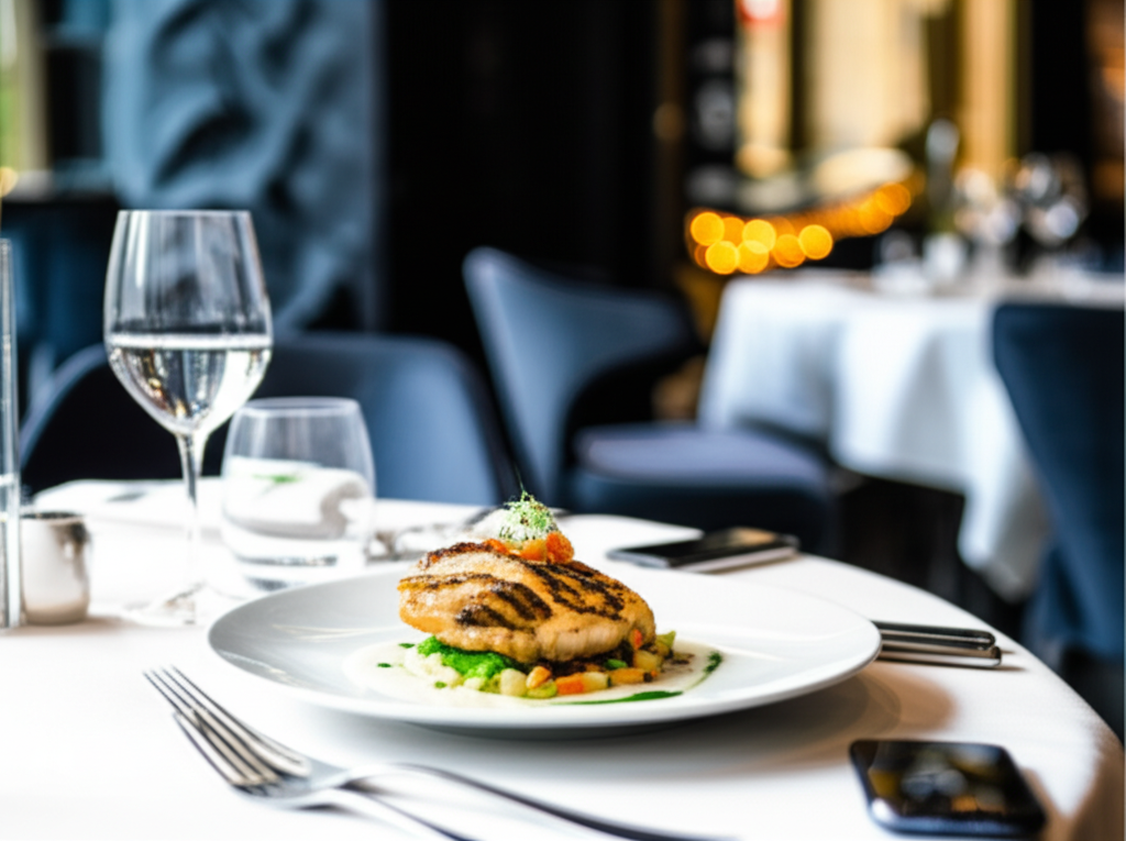 Elegantly plated restaurant dish with smartphone nearby for photo logging