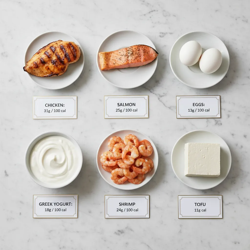 Visual comparison of protein portions across different food sources with gram amounts labeled
