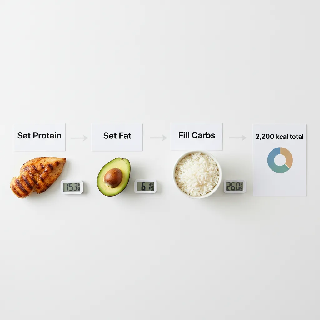 Step-by-step macro calculation flowchart showing protein first, then fat, then carbs filling the remainder
