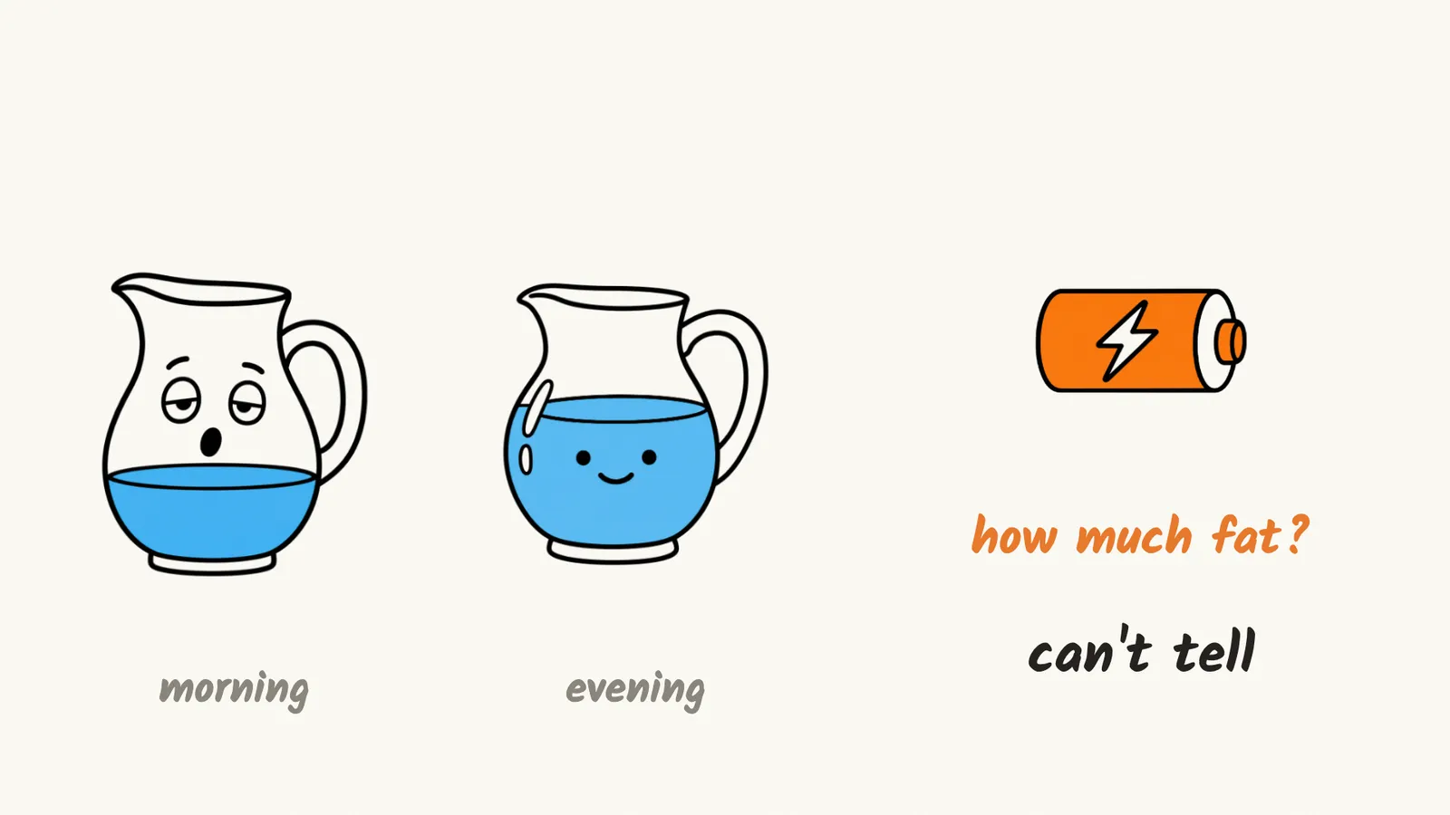 A drawing of a morning jug and a fuller evening jug beside a battery standing for body fat: how much fat changed? The total cannot tell