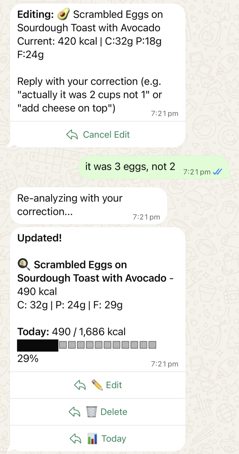 Editing a logged meal: the correction "it was 3 eggs, not 2" updates it from 420 to 490 kcal.