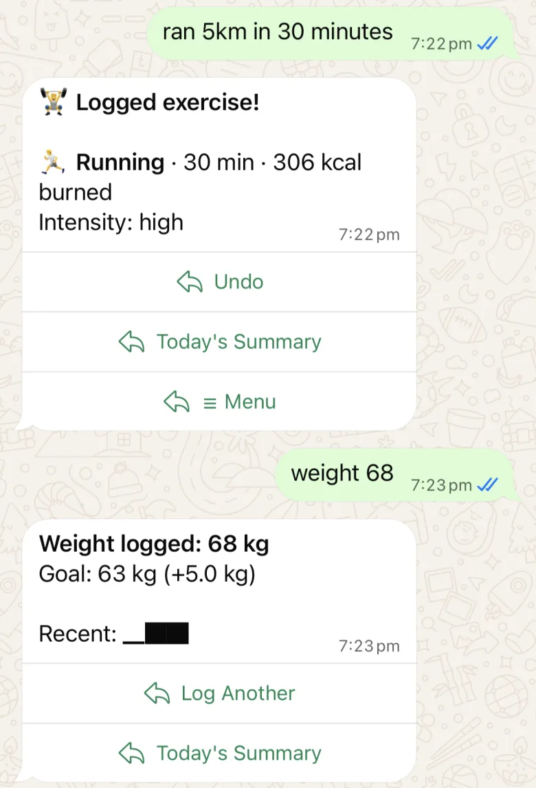 A 30 minute run logged at 306 kcal burned, then a weigh-in of 68 kg logged against a goal of 63 kg.