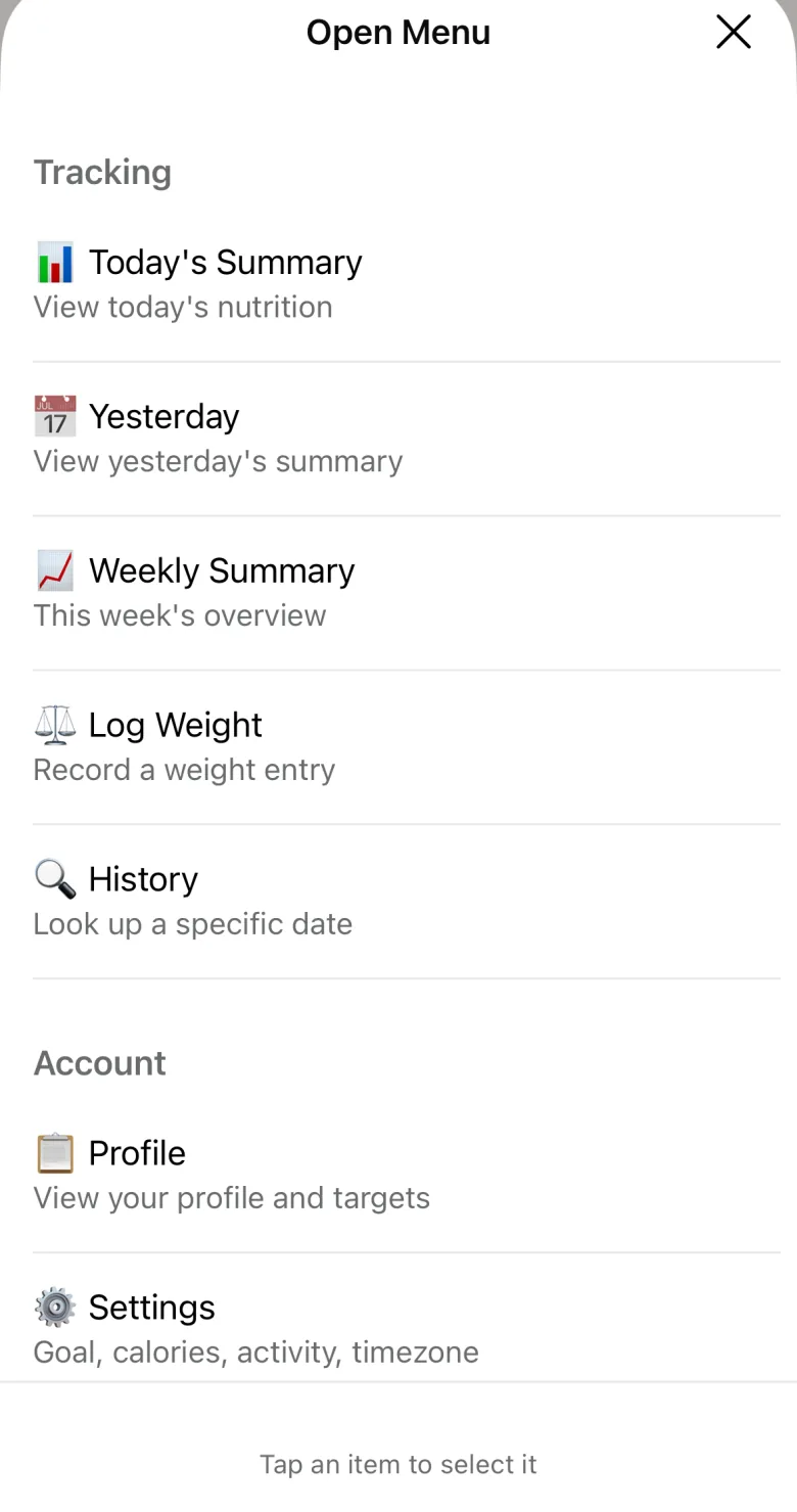 The kcalm menu in WhatsApp: Today's Summary, Yesterday, Weekly Summary, Log Weight, History, Profile and Settings.