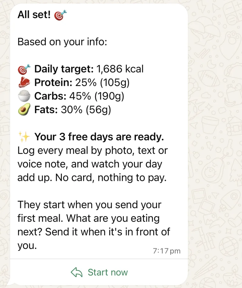 The All set message: a daily target of 1,686 kcal with protein, carbs and fat goals, and a Start now button.