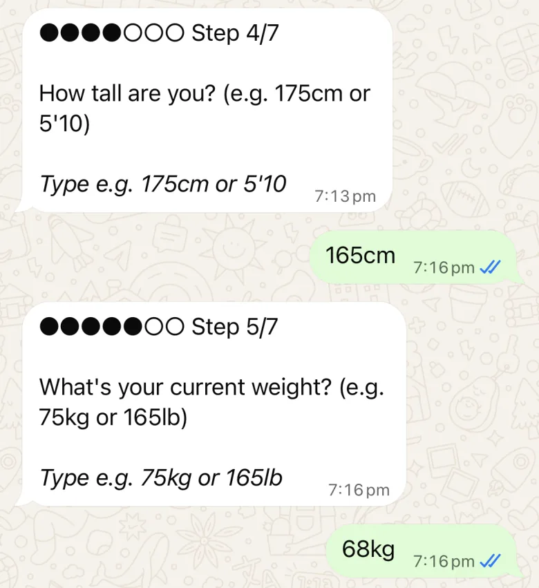 Two setup questions answered in the chat: height 165cm and current weight 68kg.