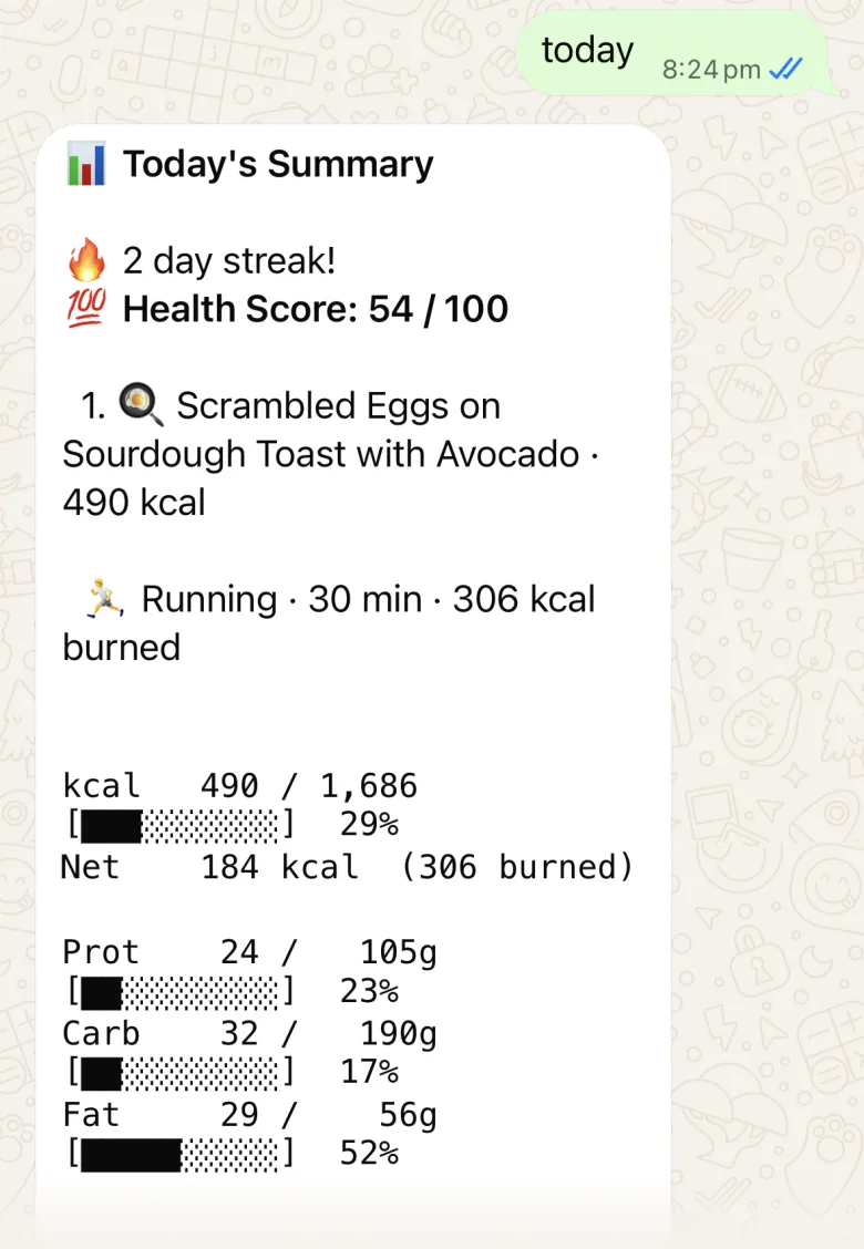 Today's summary: the meal and the run, 490 of 1,686 kcal eaten, and protein, carbs and fat against their goals.