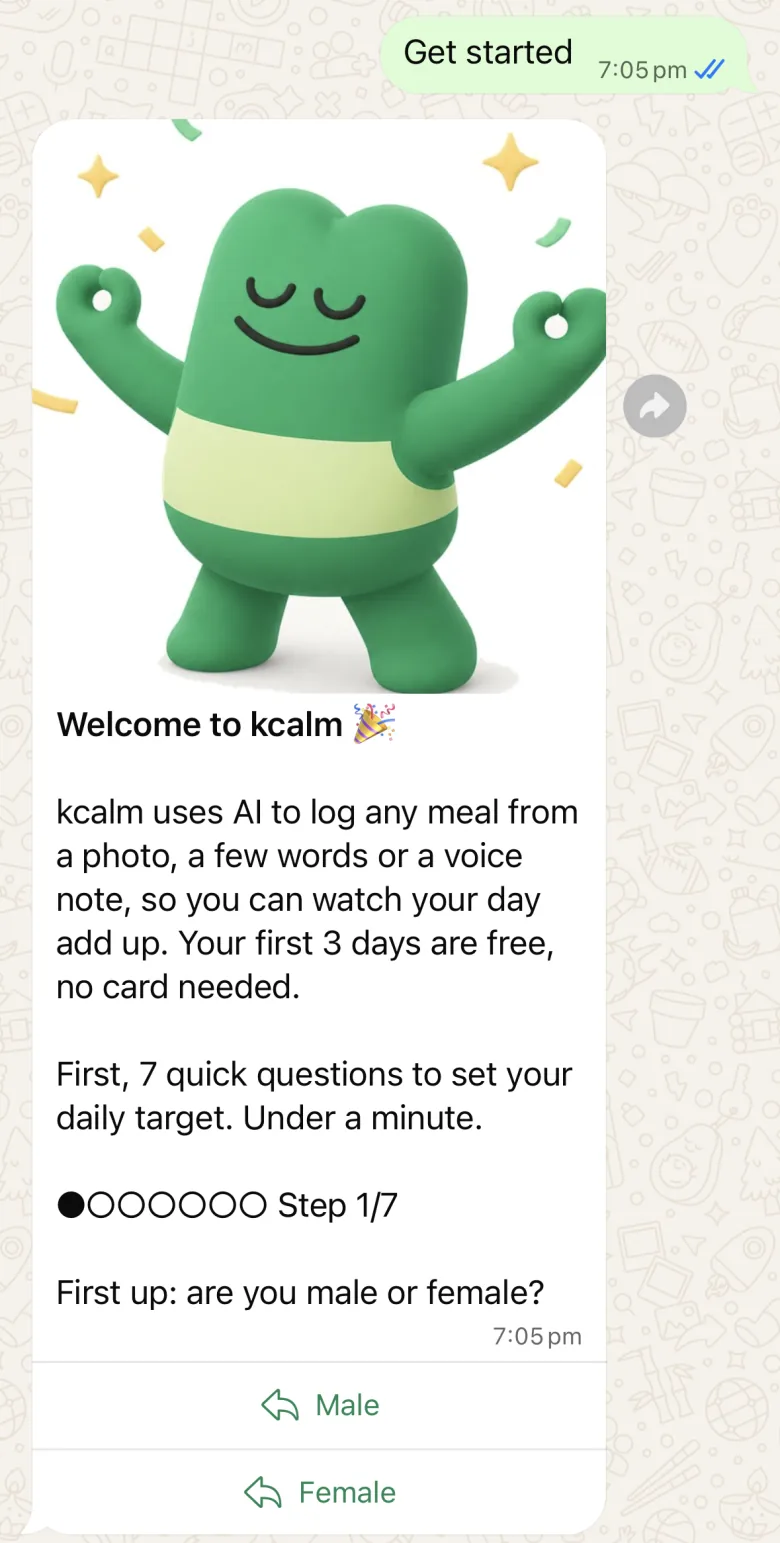 The kcalm welcome message in WhatsApp: a green mascot, a note that the first 3 days are free, and the first question with Male and Female buttons.