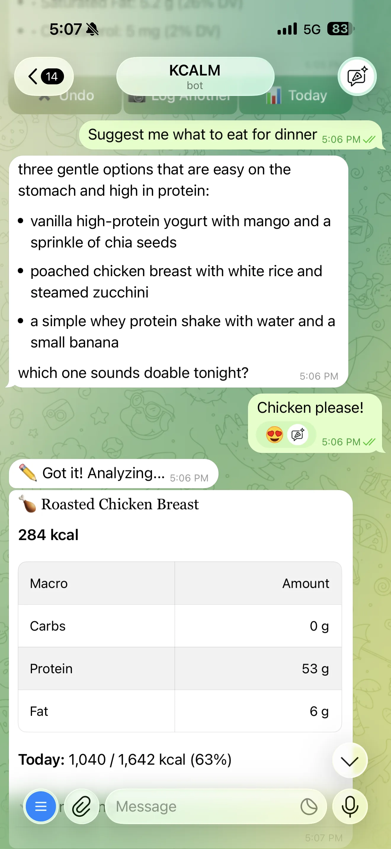 KCALM Telegram bot suggesting high-protein dinner options and logging the roasted chicken breast chosen