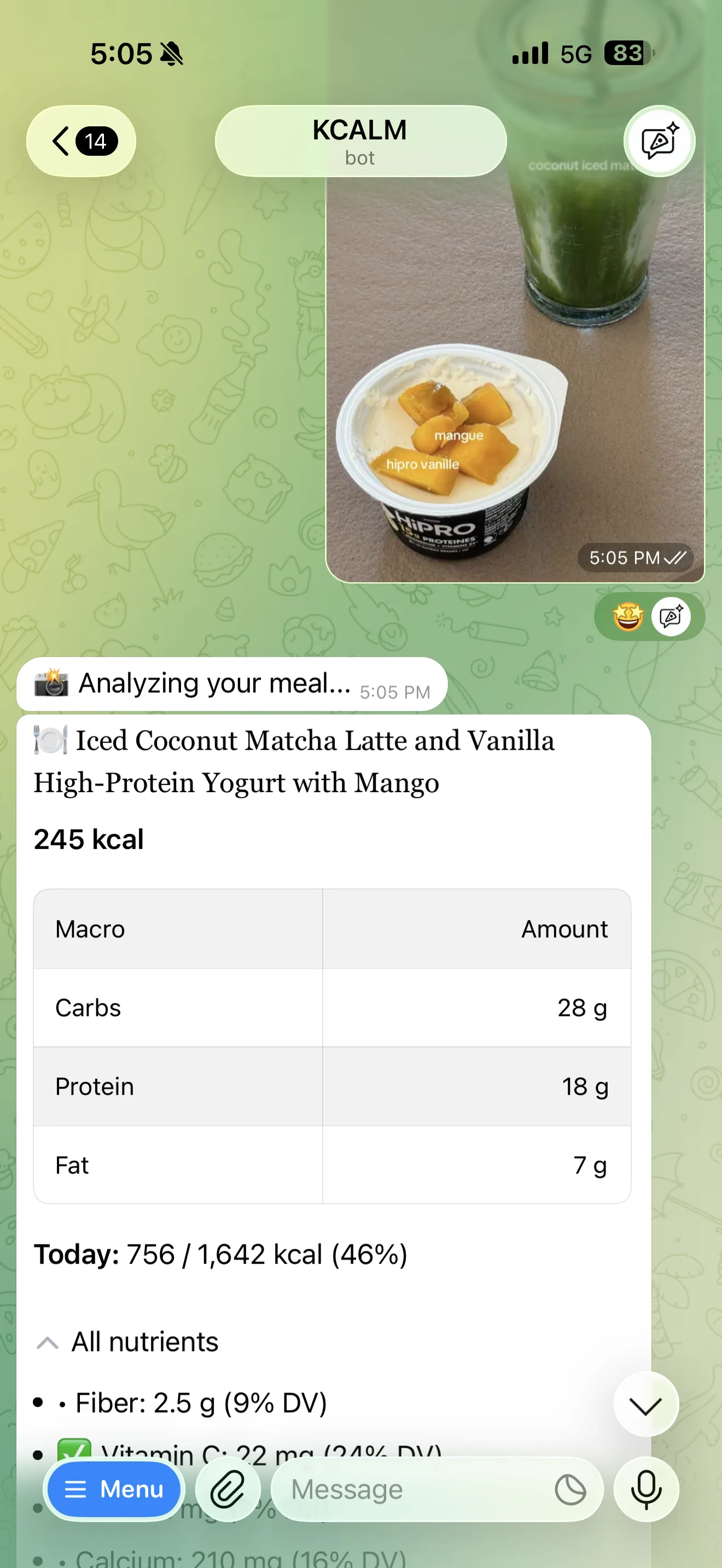 KCALM Telegram bot analyzing a photo of an iced coconut matcha latte and vanilla high-protein yogurt with mango
