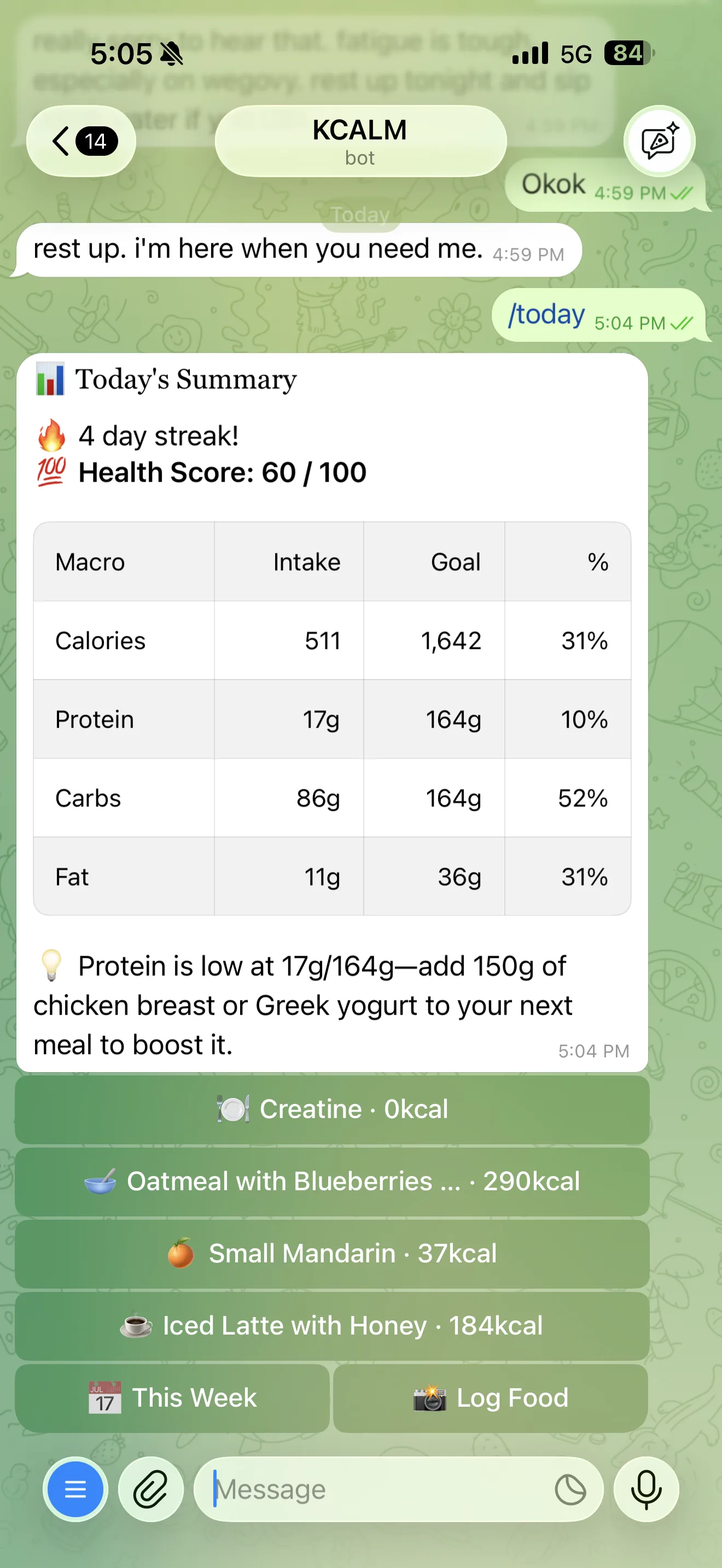 KCALM Telegram bot daily summary with a 4-day streak, health score, macro table and logged meals