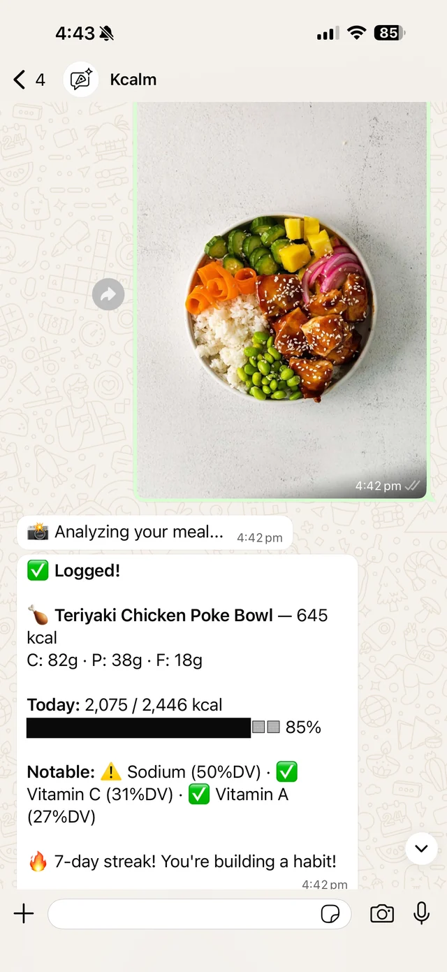 Kcalm WhatsApp bot analyzing a photo of a Teriyaki Chicken Poke Bowl