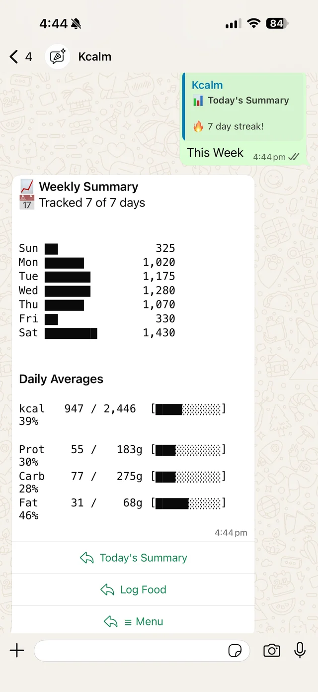 Kcalm WhatsApp bot weekly summary with daily calorie bars and averages