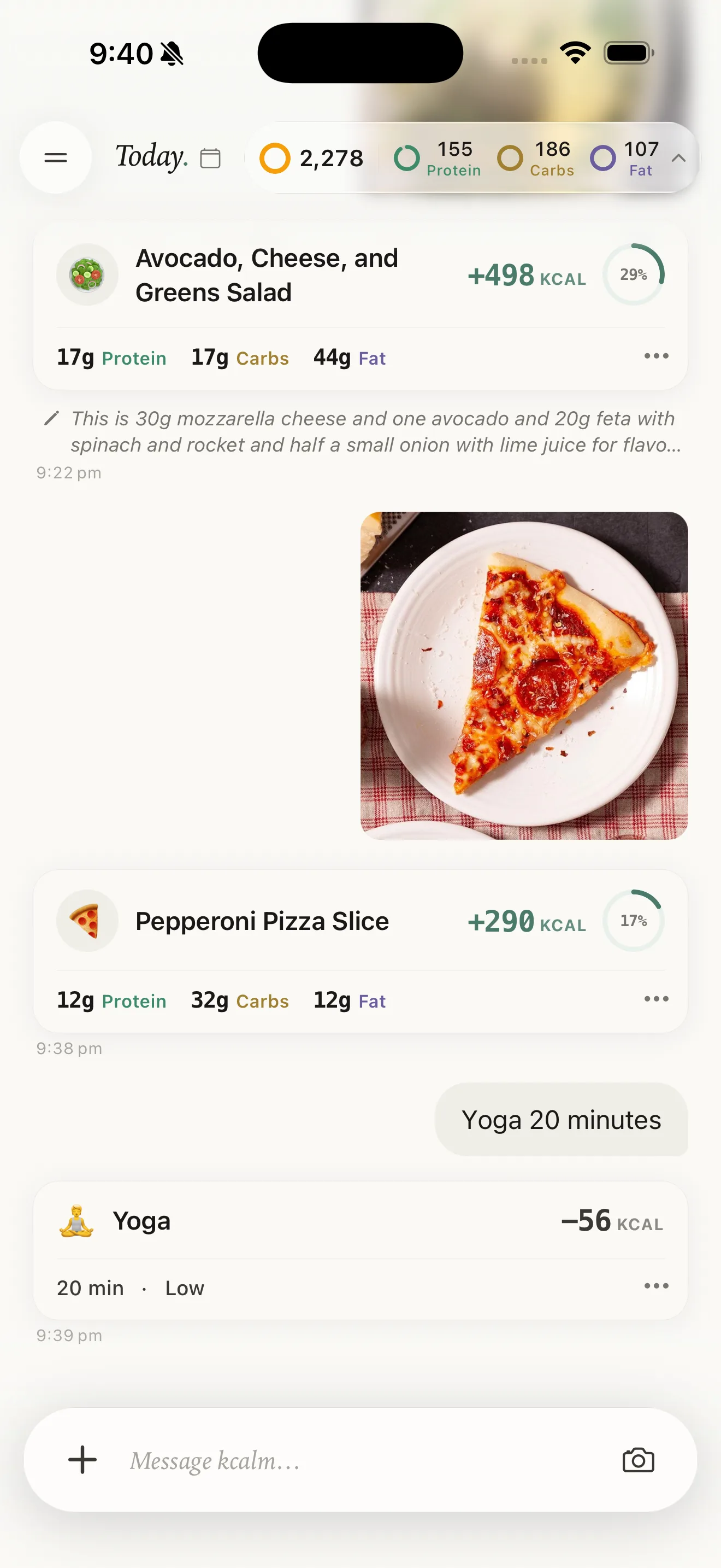 KCALM iOS home chat log showing meals and a workout added by messaging, each with calories and macros