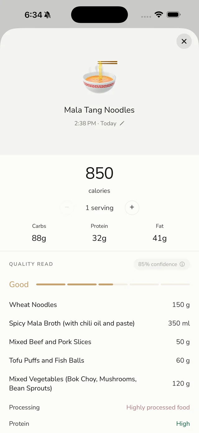 A bowl of mala tang read from one photo: 850 calories, 88g carbs, 32g protein, 41g fat at 85 percent confidence, itemised into wheat noodles, spicy broth, beef and pork slices, tofu puffs and vegetables