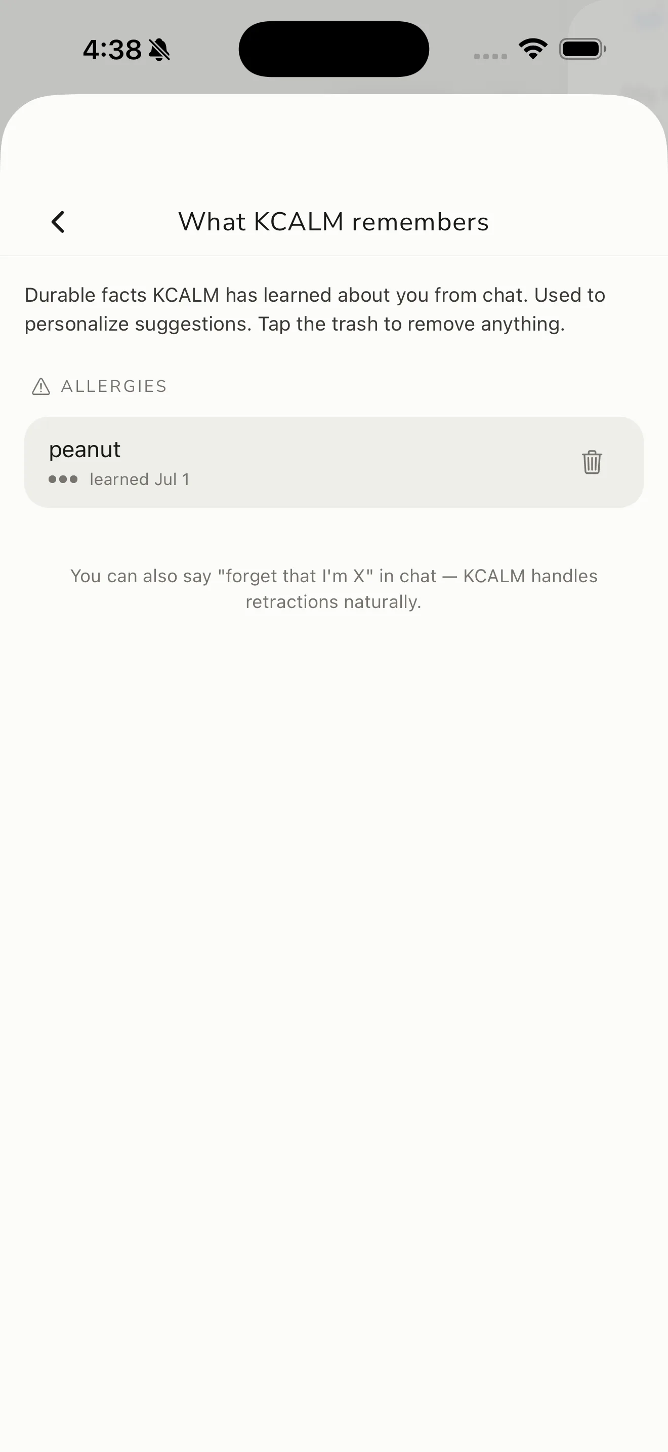 KCALM iOS memory screen listing durable facts the app has learned from chat, such as a peanut allergy
