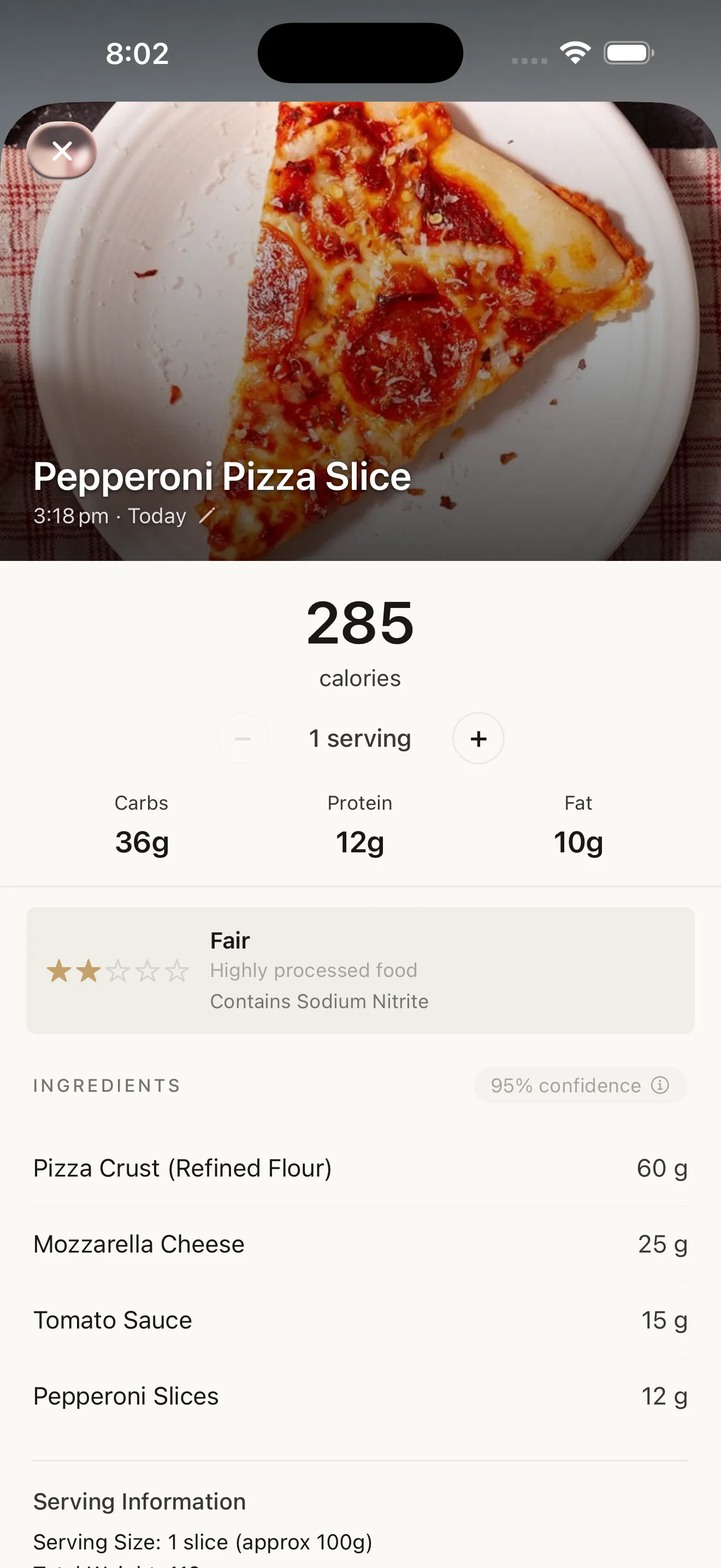 KCALM iOS food detail for a pepperoni pizza slice with calories, macros, ingredients and a health rating