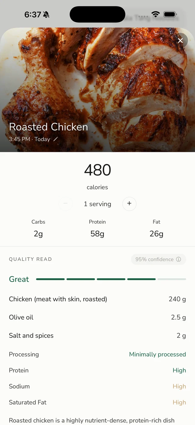 One photo of roast chicken returns 480 calories, 2g carbs, 58g protein, 26g fat at 95 percent confidence, itemised down to 240g of chicken and 2.5g of olive oil