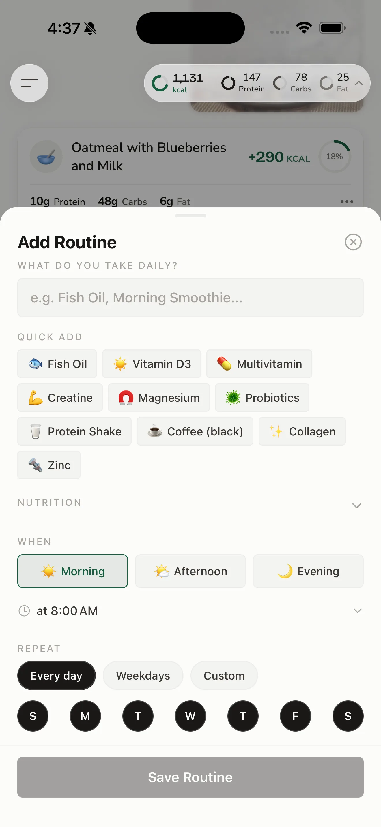 KCALM iOS add routine screen for scheduling daily supplements and habits by time of day